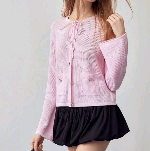 POINTELLE KNIT BUTTON UP CARDIGAN